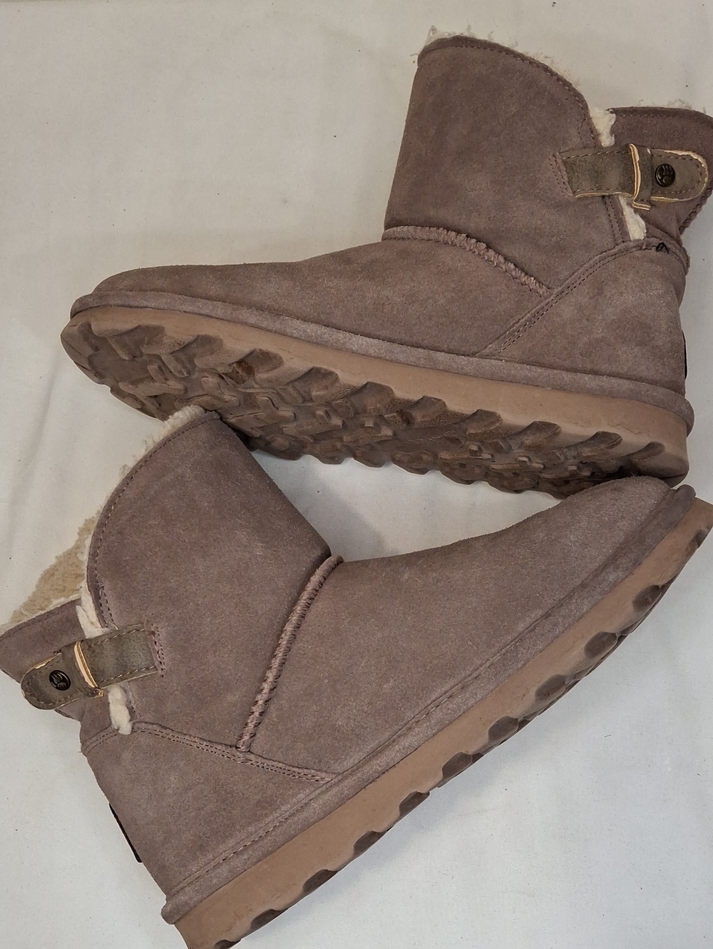 BearPaw Women's Dusty Taupe Suede Shearling Ankle Booties.